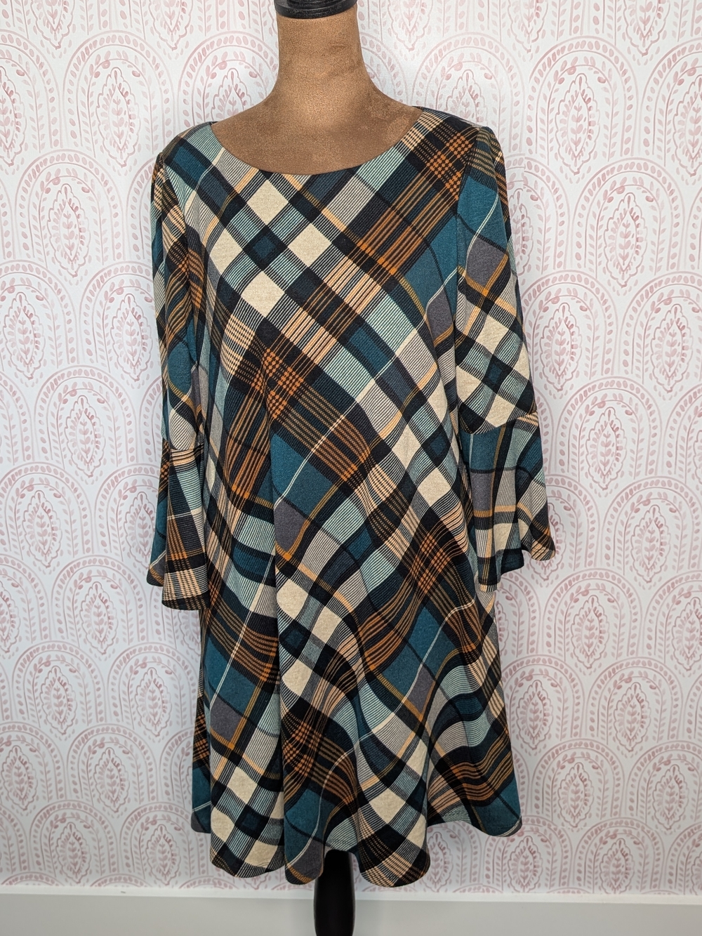 Plaid Swing Dress in Teal and Cream